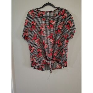 Say Anything Womens XL Gingham Floral Front Tie Blouse Black‎ White Red Rose Top